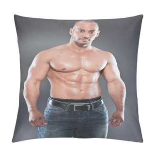 Personality  Shirtless Muscled Fitness Man. Cool Looking. Tough Guy. Brown Eyes. Bald. Tanned Skin. Studio Shot Isolated On Grey Background. Pillow Covers