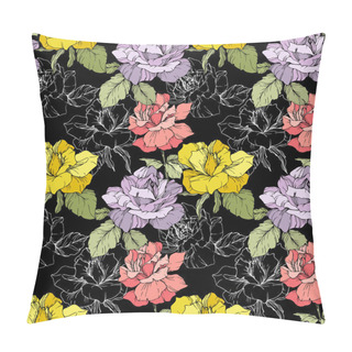 Personality  Pink, Yellow And Purple Roses. Engraved Ink Art. Seamless Background Pattern. Fabric Wallpaper Print Texture On Black Background. Pillow Covers