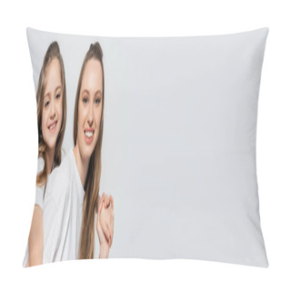 Personality  Pleased Mother And Daughter In White T-shirts Holding Hands And Smiling At Camera Isolated On Grey, Banner Pillow Covers