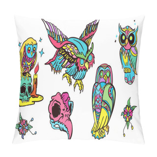 Personality  Magic Owl Old School Tattoo Vector. Fashionable Owls Set Pillow Covers