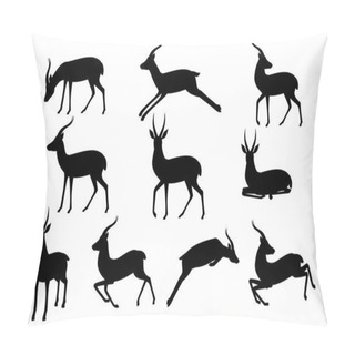 Personality  Black Silhouette Set Of African Wild Black-tailed Gazelle With Long Horns Cartoon Animal Design Flat Vector Illustration On White Background Side View Antelope Pillow Covers