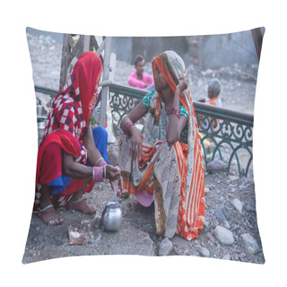 Personality  Indian Women Talking In Rishikesh Pillow Covers