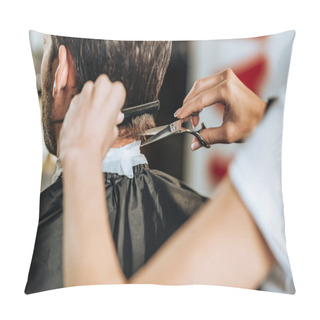 Personality  Close-up Partial View Of Hairdresser Combing And Cutting Hair To Young Man Pillow Covers