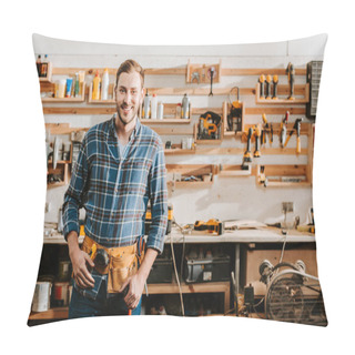 Personality  Cheerful Carpenter In Apron Standing And Touching Tool Belt In Workshop  Pillow Covers