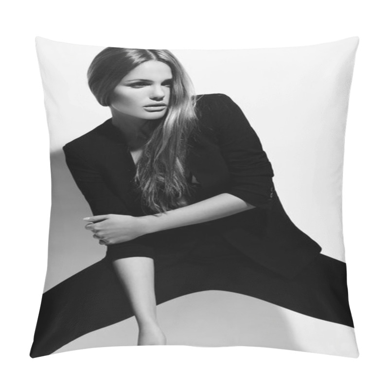 Personality  High fashion look.glamor portrait of beautiful sexy stylish Caucasian young woman model in black cloth pillow covers