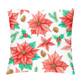 Personality  Seamless Pattern For Christmas Of Red Poinesettia Star Flower, Holly Fruit, Pine Cones And Leaves, Illustration Watercolor Hand Drawing On White Background, Isolated With Clipping Path Pillow Covers