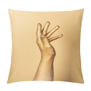 Personality  Cropped View Of Female Painted Hand On Golden Background Pillow Covers