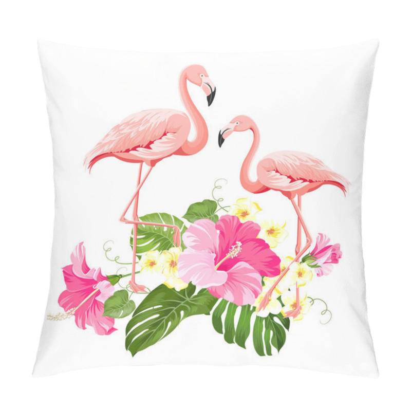 Personality  The tropical background. Summer illustration with bouquet of green palm leaves and red hibiscus flowers. Illustration with colorful flamingo on white background. pillow covers