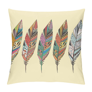 Personality  Collection Of Vintage Tribal Ethnic Hand Drawn Colorful Feathers Pillow Covers