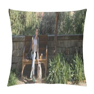 Personality  Cheerful Young Freelancer In Earphones Holding Smartphone And Petting Pug Dog While Sitting Near Laptop, Coffee To Go And Orange On Wooden Bench In Park In Barcelona, Spain, Banner, Orange Tree Pillow Covers