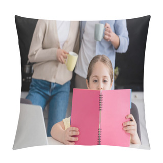 Personality  Girl Reading Notebook Near Parents With Cups Of Coffee On Blurred Background Pillow Covers