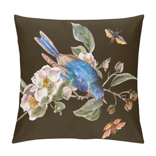 Personality  Vintage Greeting Card With Blooming Apple Trees And Birds Pillow Covers