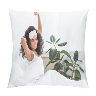Personality  Joyful Young African American Woman With Blindfold On Forehead Stretching In Bed During Morning Time At Home Pillow Covers