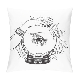 Personality  Hand Drawn Magic Crystal Ball With Eye Of Providence In Hands Of Fortune Teller. Boho Chic Line Art Tattoo, Poster Or Altar Veil Print Design Vector Illustration Pillow Covers