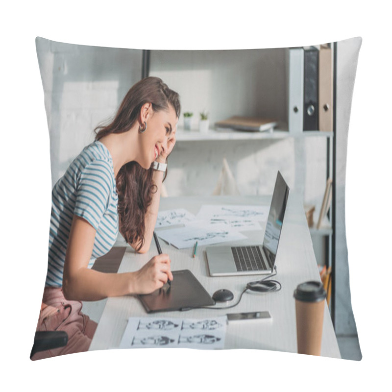 Personality  Side View Of Happy Animator Using Digital Tablet Near Sketches  Pillow Covers