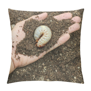 Personality  Image Of Grub Worms In The Human Hand. Pillow Covers