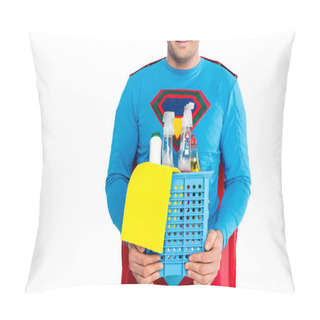 Personality  Cropped Shot Of Smiling Superman Holding Cleaning Items Isolated On White Pillow Covers
