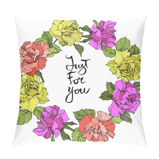 Personality  Vector. Roses Floral Wreath. Purple, Yellow And Coral Rose Flowers Engraved Ink Art. Just For You Handwriting Monogram Calligraphy. Pillow Covers