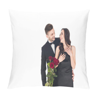 Personality  Happy Couple In Black Clothes Posing With Red Roses On Valentines Day, Isolated On White Pillow Covers
