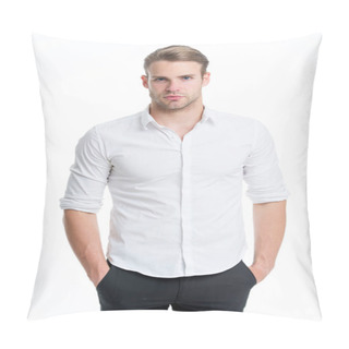 Personality  Guy Handsome Office Worker. Working Formal Dress Code. Menswear Formal Style. Clerical And Middle Chain Management. White Collar Worker. Man Well Groomed Formal Elegant Shirt White Background Pillow Covers