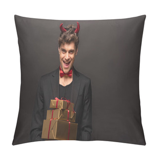 Personality  Cheerful Man In Devil Costume On Halloween Holding Presents On Black Pillow Covers