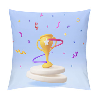 Personality  3D Golden Champion Trophy With Confetti On Podium. Render Gold Cup Trophy Icon. Gold Trophy For Competitions. Award Victory, Goal Champion Achievement, Prize Sports Award, Success. Vector Illustration Pillow Covers
