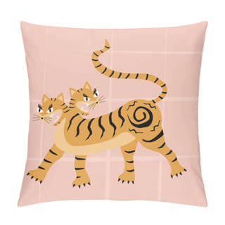 Personality  Two-headed Golden Tiger. Fantastic Creature. Traditions And Culture Of Asia. Wild Tiger Vector Illustration Pillow Covers