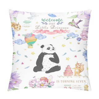 Personality  Happy Birthday Card Design With Cute Panda Bear And Boho Flowers And Floral Bouquets Illustration. Watercolor Clip Art For Greeting Card. Invite Poscard, Beauty Animal. Text For Celebration Pillow Covers