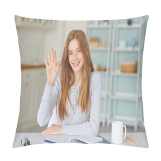 Personality  Girl Looking At Laptop Camera Online Video Web Chat Call Welcomes With Hand Smiling While Sitting At Home. Pillow Covers