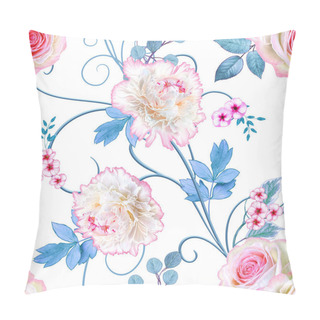 Personality  Seamless Floral Pattern, Delicate Terry White Peonies, Pink Pastel Roses, Blue Foliage, Curls. Pillow Covers