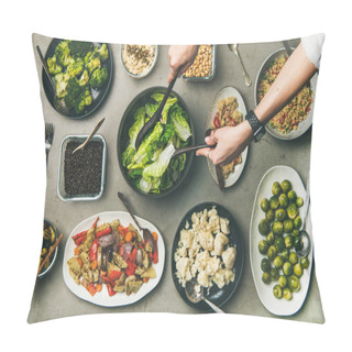 Personality  Vegan Dinner Table Setting. Healthy Vegetarian Dishes In Plates On Table. Flat-lay Of Vegetables, Legumes, Beans, Olives, Sprouts, Hummus, Couscous And Female Hands Taking Salad From Bowl, Top View Pillow Covers