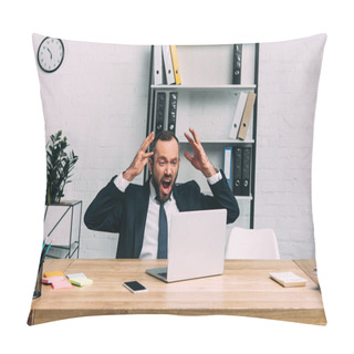 Personality  Portrait Of Overworked Businessman In Suit Screaming At Workplace With Laptop In Office Pillow Covers