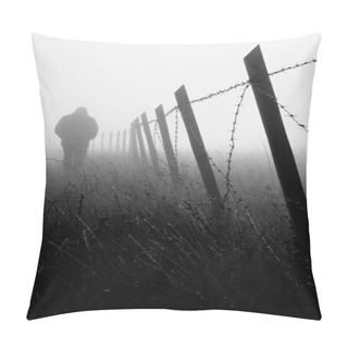 Personality  Man Walking Near Barbed Wire Fence In Dense Fog Pillow Covers