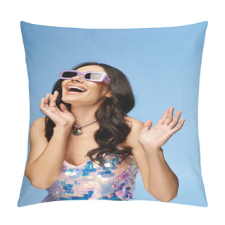 Personality  A Stylish Woman In Sunglasses And A Beautiful Dress Passionately Singing Against A Blue Background In A Studio. Pillow Covers