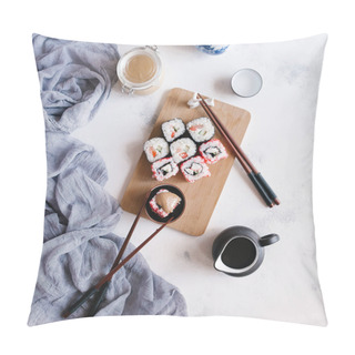Personality  Fresh Delicious Sushi Served On Wooden Board With Soy Sauce  Pillow Covers