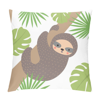 Personality  Cute Funny Sloth . Baby Sloth In The Tree. Children's Illustration. For Print. Hand-drawn. Pillow Covers