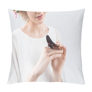Personality  Cropped View Of Girl With Beautiful Butterfly On Hands, Isolated On Grey Pillow Covers