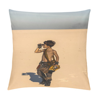 Personality  Post Apocalyptic Warrior Boy Outdoors In Desert Wasteland Pillow Covers