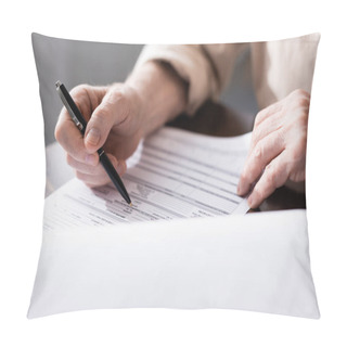 Personality  Cropped View Of Senior Man Holding Pen Near Papers On Table  Pillow Covers