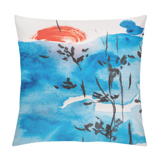 Personality  Japanese Painting With Blue Sky, Branches And Sun On White Background Pillow Covers