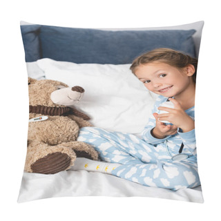 Personality  Smiling Child Holding Pills Bottle While With Teddy Bear In Bedroom Pillow Covers