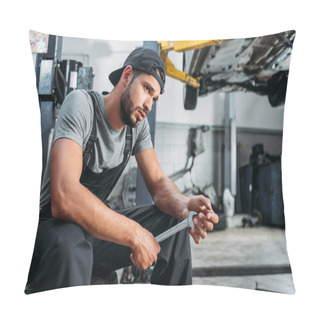 Personality  Tired Mechanic Holding Wrench And Sitting In Auto Repair Shop Pillow Covers