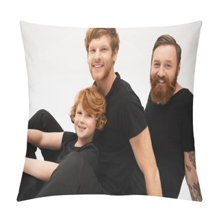 Personality  Joyful Red Haired Kid With Father And Bearded Grandpa In Black T-shirts Looking At Camera Isolated On Grey Pillow Covers
