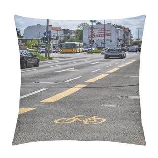 Personality  Berlin, Germany - May 8, 2021: Street Scene With A Temporarily Painted Cycleway In Berlin. The Focus Lies On The Yellow Bike Symbol On The Tarmac.  Pillow Covers