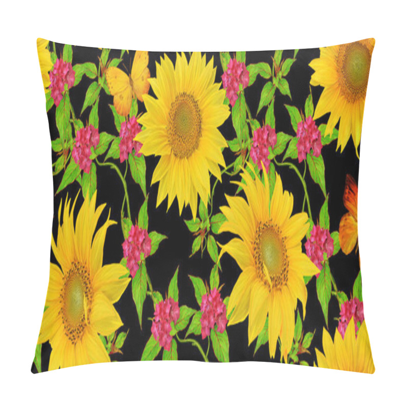 Personality  Floral seamless pattern. Yellow sunflowers, green leaves, bright flowers, butterfly pillow covers