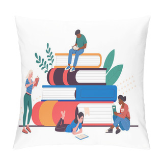 Personality  Cartoon Young People Read Books. Female And Male Student Characters Studying Or Preparing For Exam. Readers Sitting On Stack Of Giant Books, Lying And Standing On Floor With Literature Vector Pillow Covers