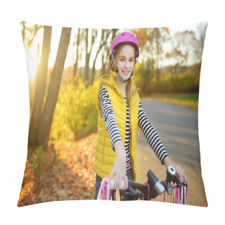 Personality  Cute Little Girl Riding A Bike In A City Park On Sunny Autumn Day. Active Family Leisure With Kids. Child Wearing Safety Hemet While Riding A Bicycle. Pillow Covers