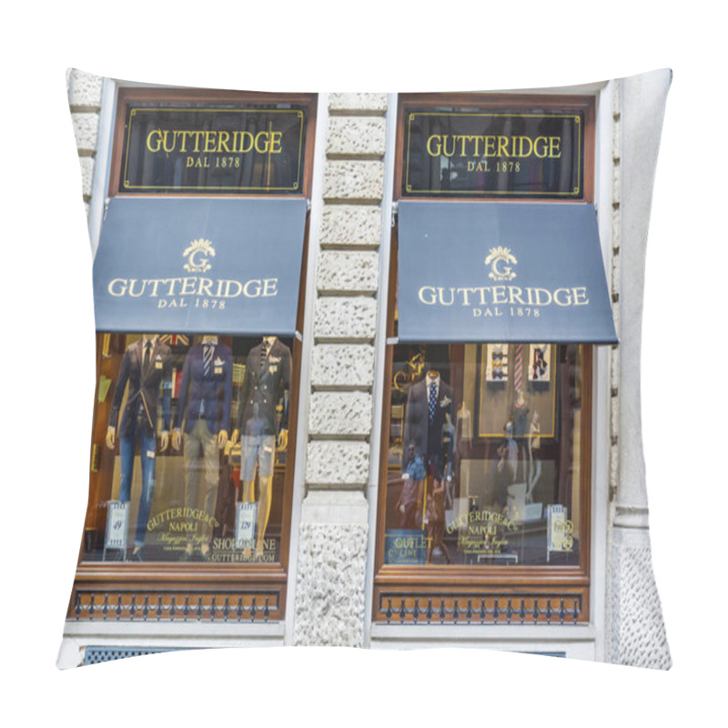 Personality  MILAN,ITALY -JUNE 27,2018 : Showcase Of Gutteridge Boutique - Italian High Fashion Men Clothing Brand On A Main Street In Milan,Italy Pillow Covers