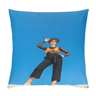 Personality  Bottom View Of Beautiful Fashionable Woman Posing With Blue Sky On Background Pillow Covers