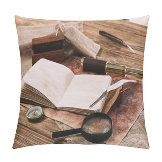 Personality  Open Copy Book With Blank Pages Near Telescope, Compass And Magnifying Glass On Wooden Table With Hessian And World Map Pillow Covers
